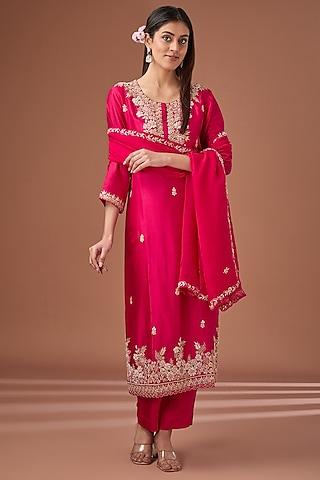 red bemberg silk gota patti & sequins embroidered straight kurta set