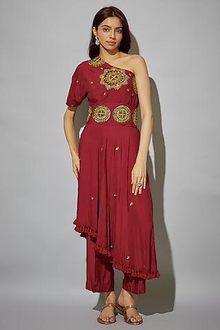 red bemberg silk mirror embroidered one-shoulder kurta set