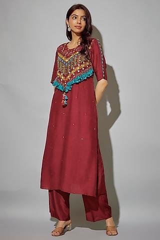 red bemberg silk thread embroidered kurta set