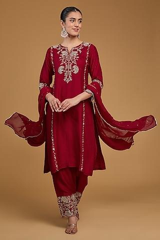 red bemberg silk zari embroidered kurta set