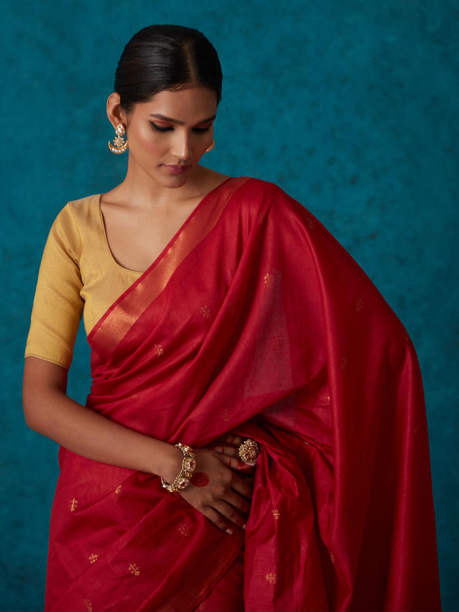 red bhagalpuri festive linen zari saree & unstitched blouse liksar32 (free size)