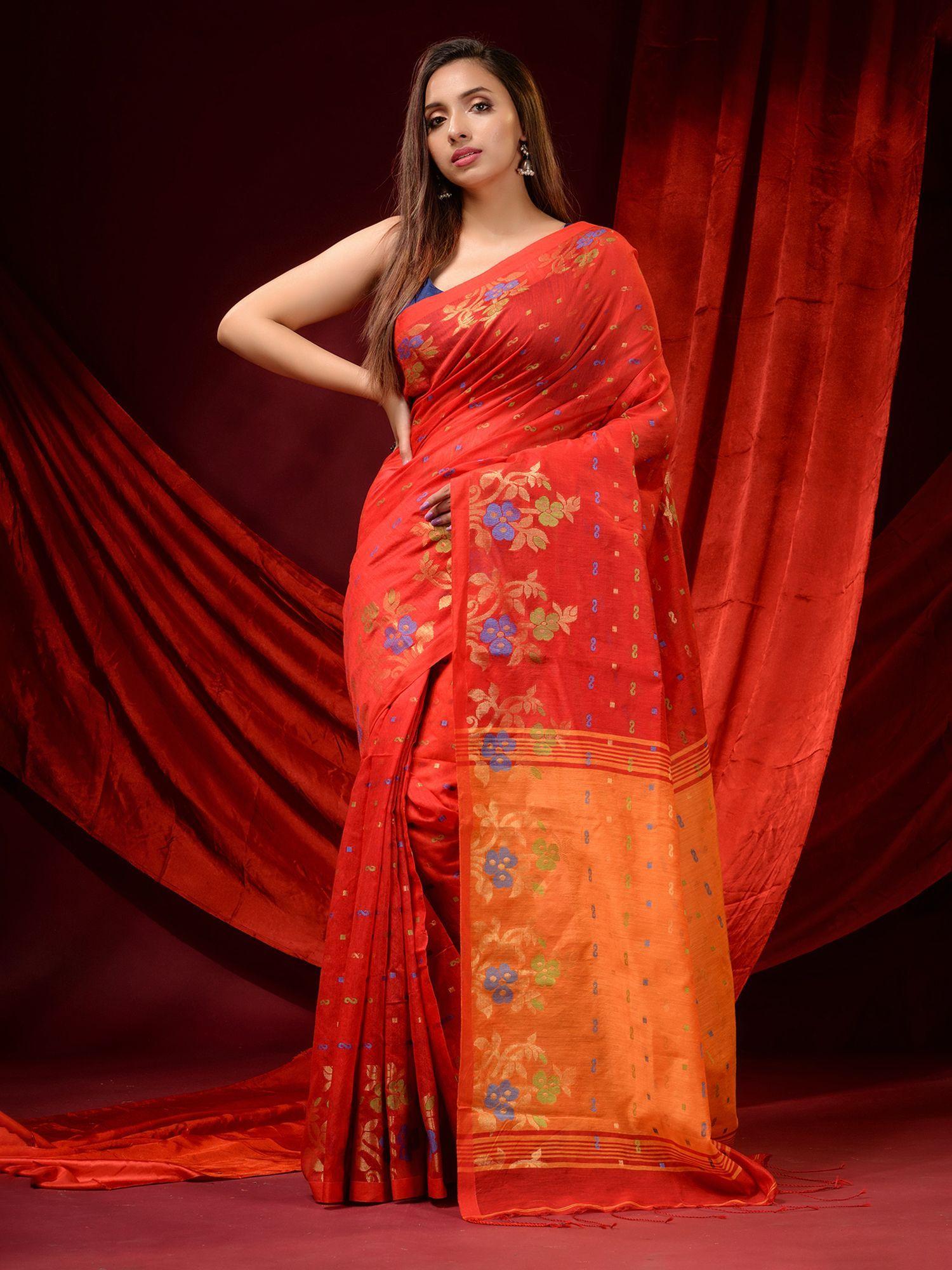 red blended cotton handwoven ethnic motifs & floral borders saree with unstitched blouse