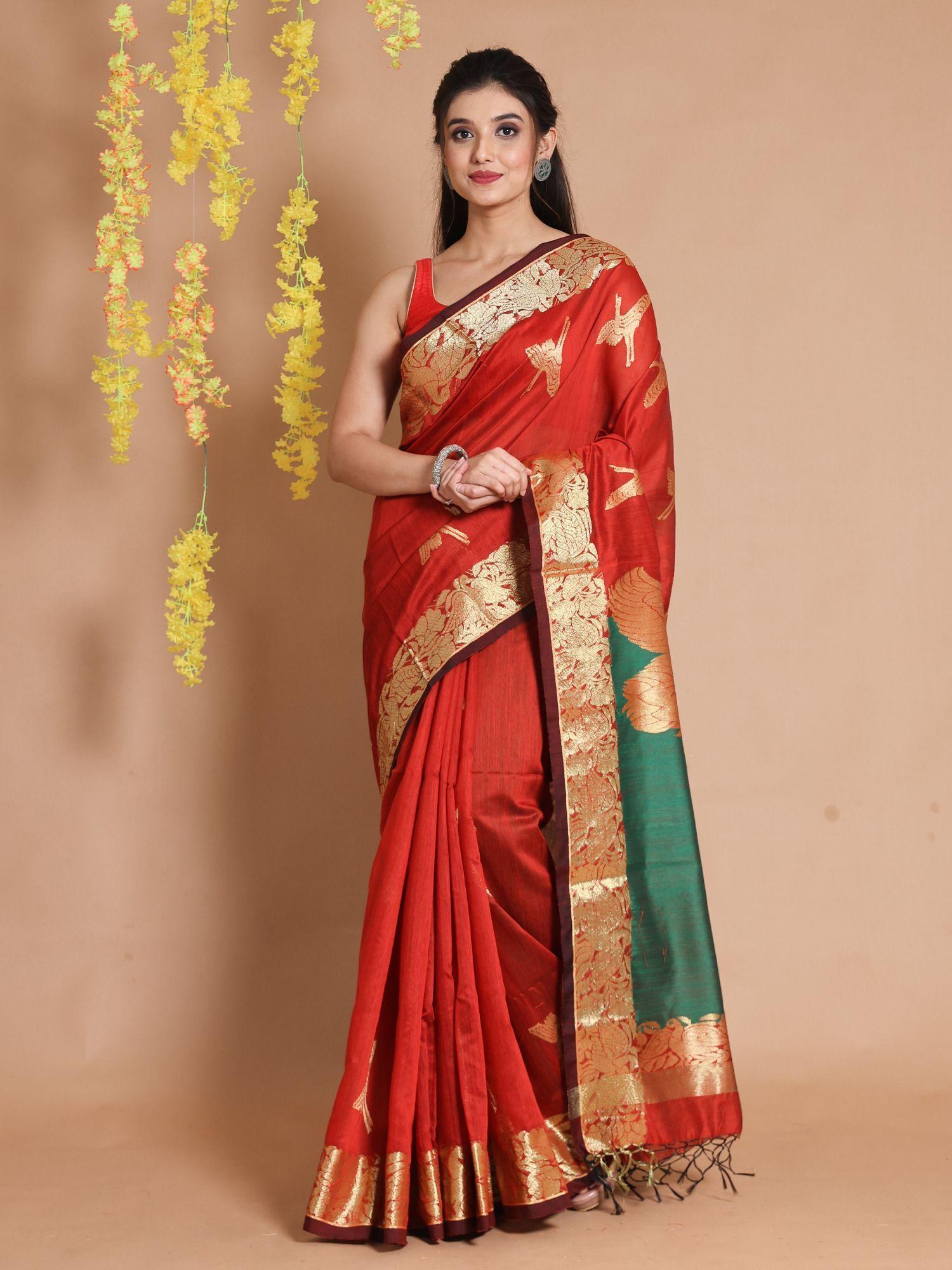 red blended cotton handwoven zari woven bird designs saree with unstitched blouse