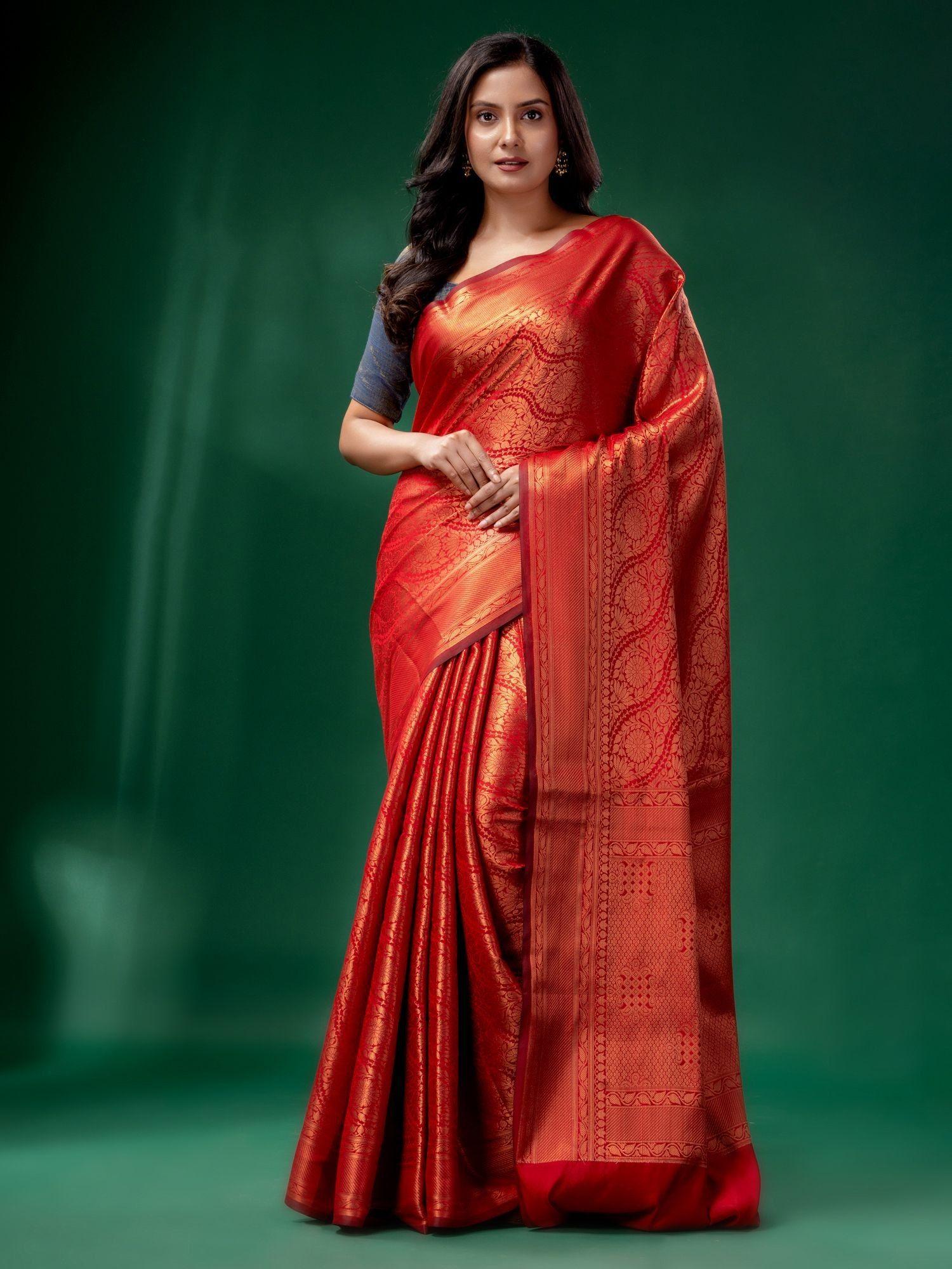 red blended silk brocade handwoven soft saree with unstitched blouse