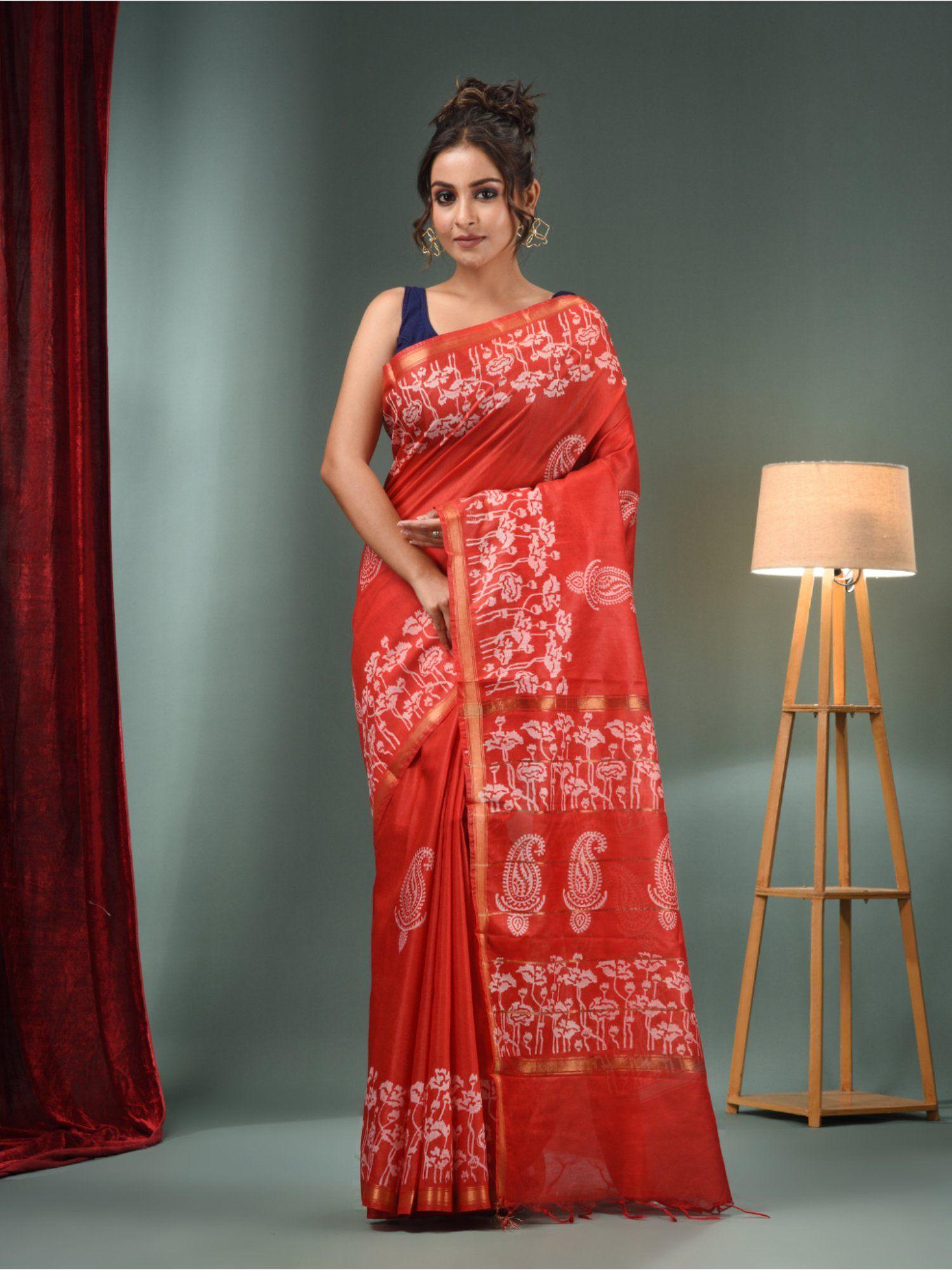 red blended silk handwoven saree with floral border & unstitched blouse