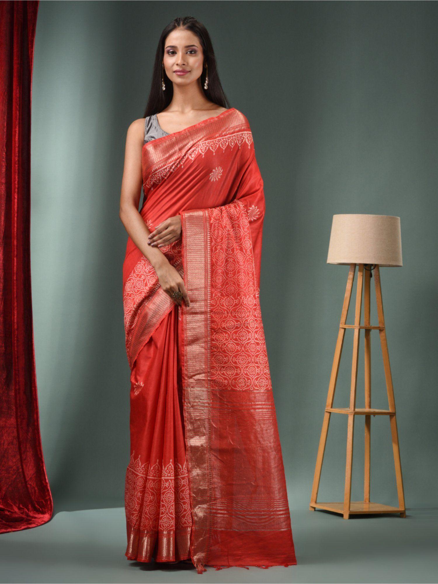 red blended silk handwoven saree with woven zari border & unstitched blouse