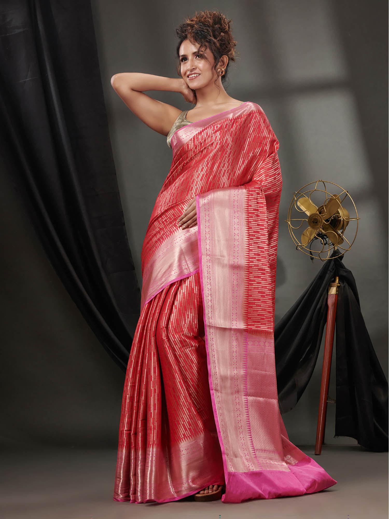 red blended silk handwoven saree with woven zari designs & unstitched blouse