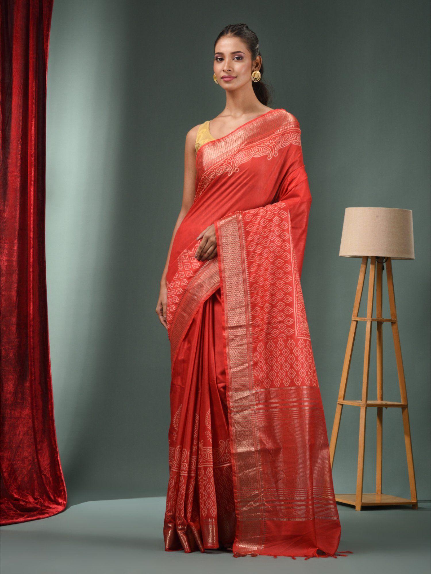 red blended silk handwoven saree with zari border & unstitched blouse