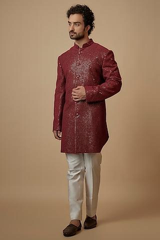 red blended silk thread embroidered sherwani