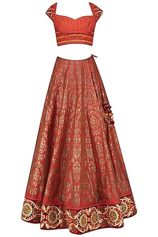 red block print and velvet border lehenga set