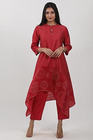 red block printed & hand embroidered asymmetrical tunic