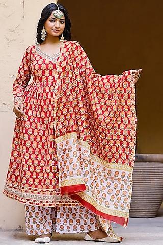 red block printed angrakha kurta set