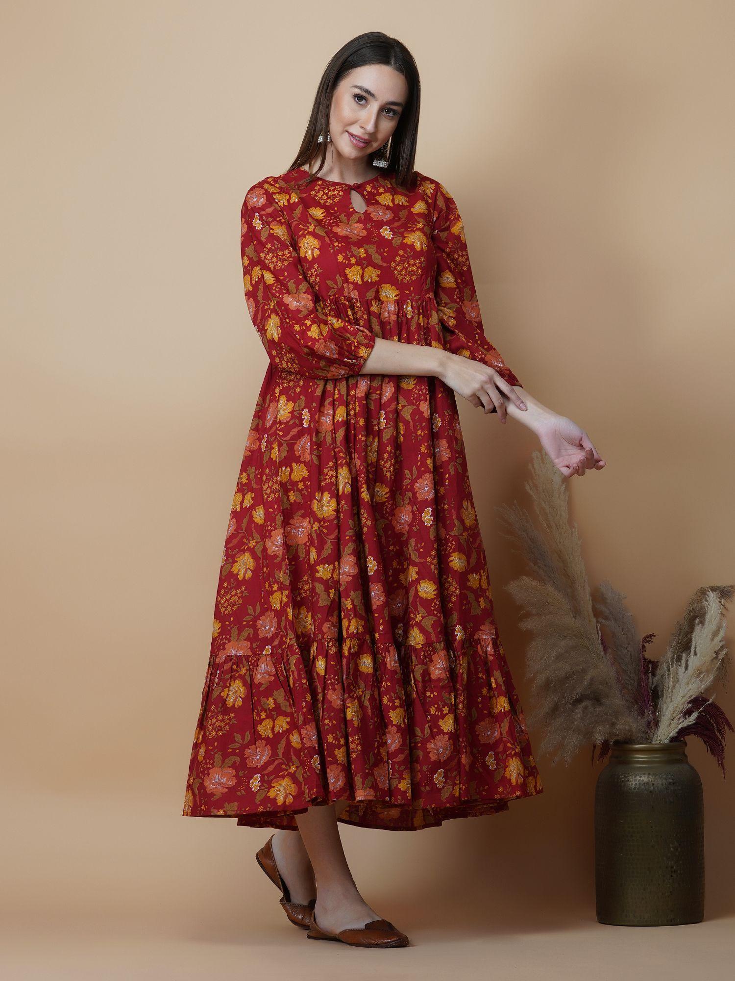 red block printed key hole neck maxi dress with tired bottom & gather