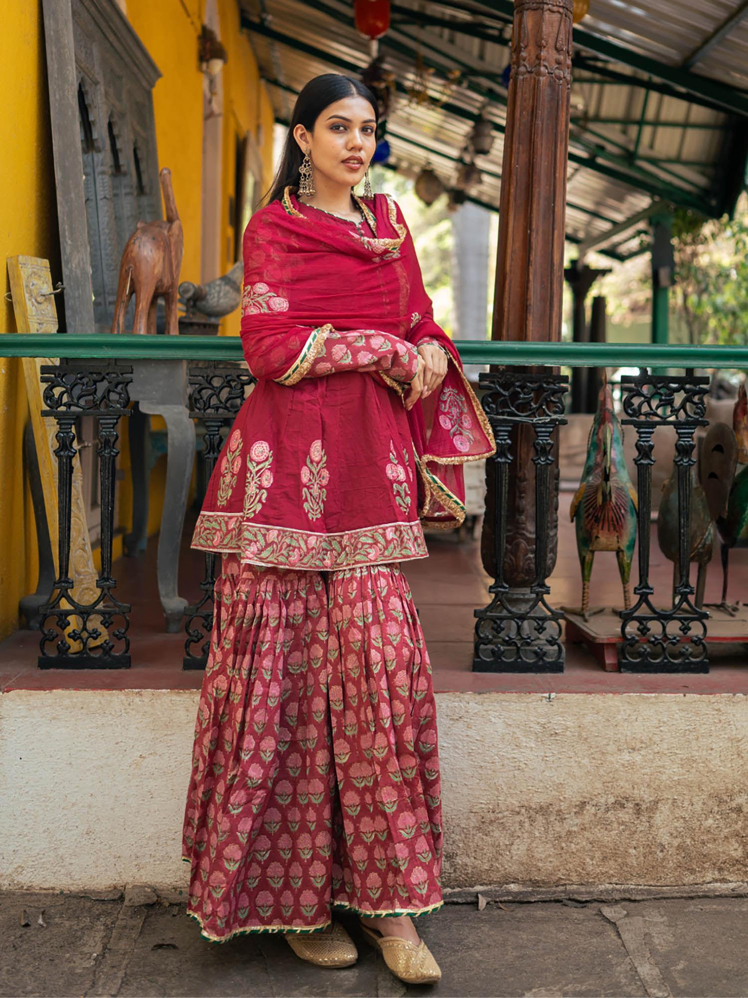 red block printed kurti with sharara and dupatta (set of 3)