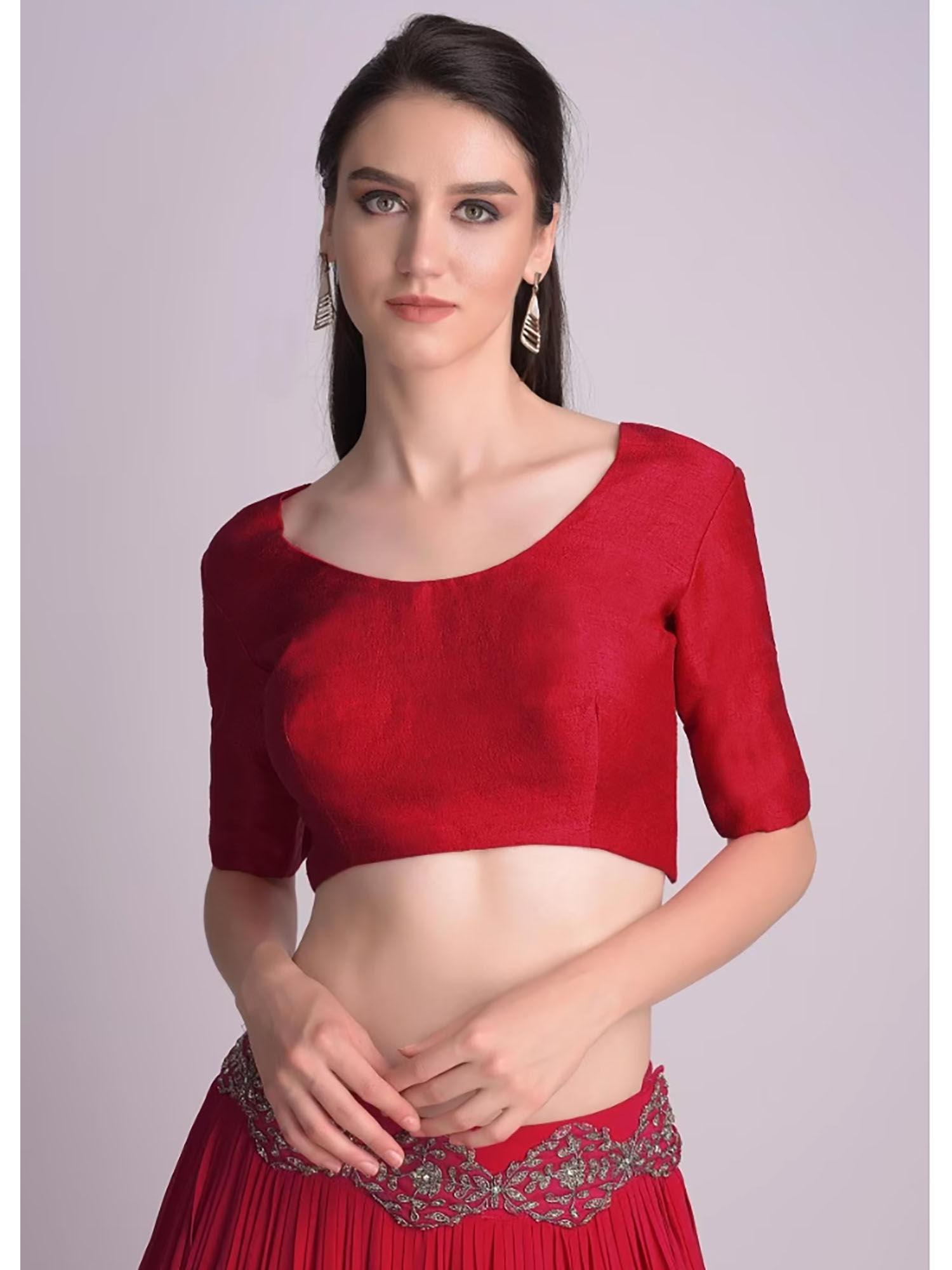 red blouse with half sleeves & round neckline