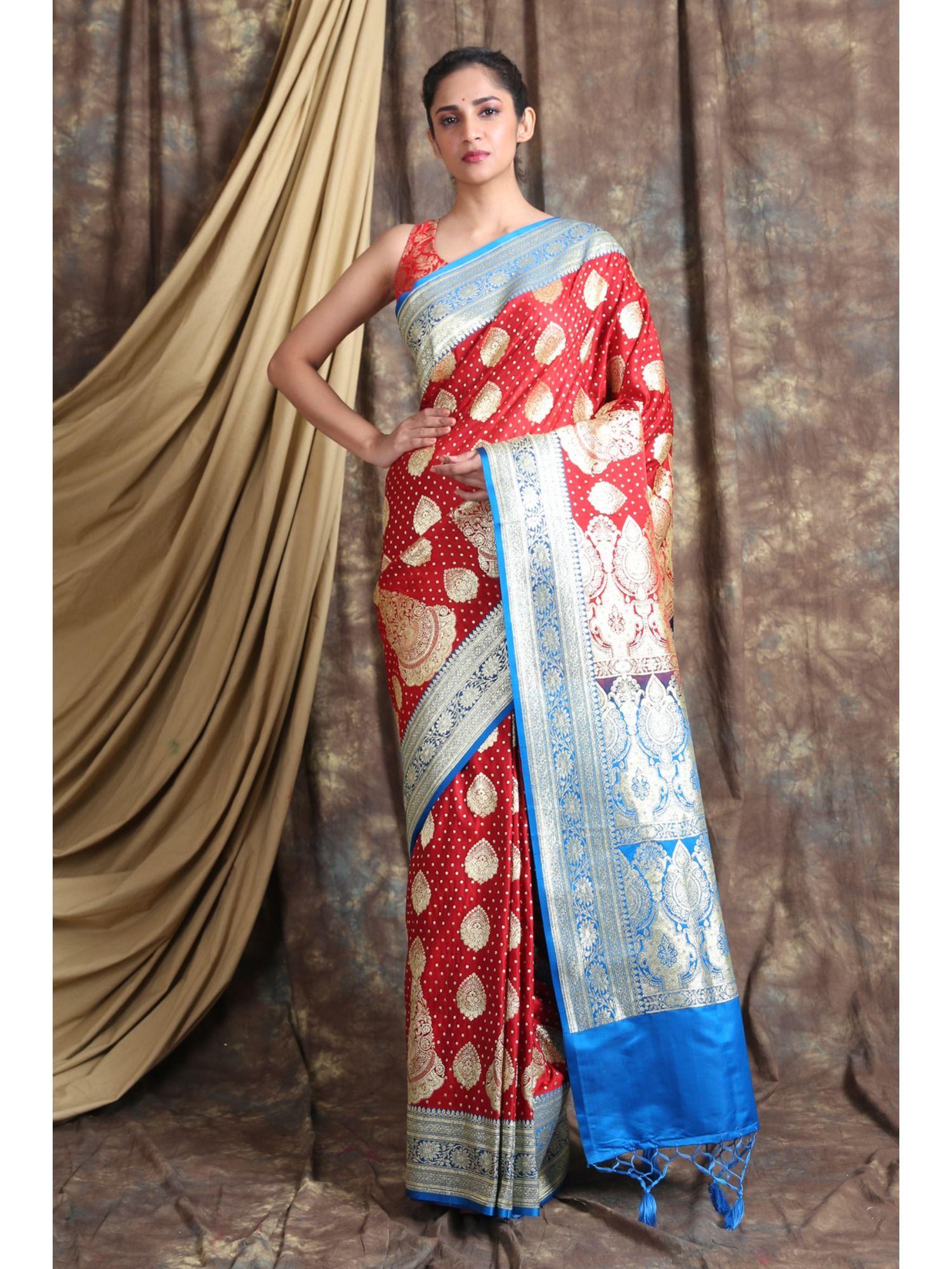 red blue woven design zari pure silk saree with unstiched blouse