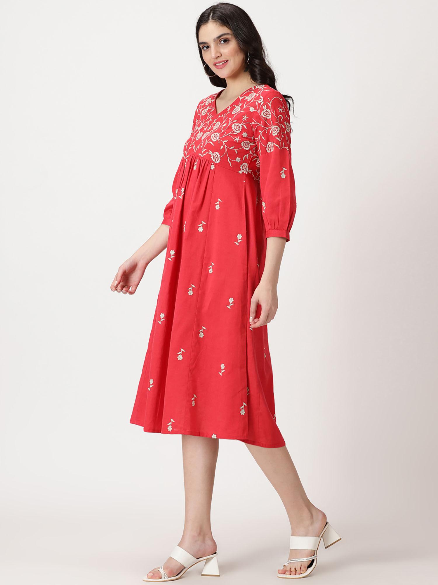 red boho embroidered midi dress