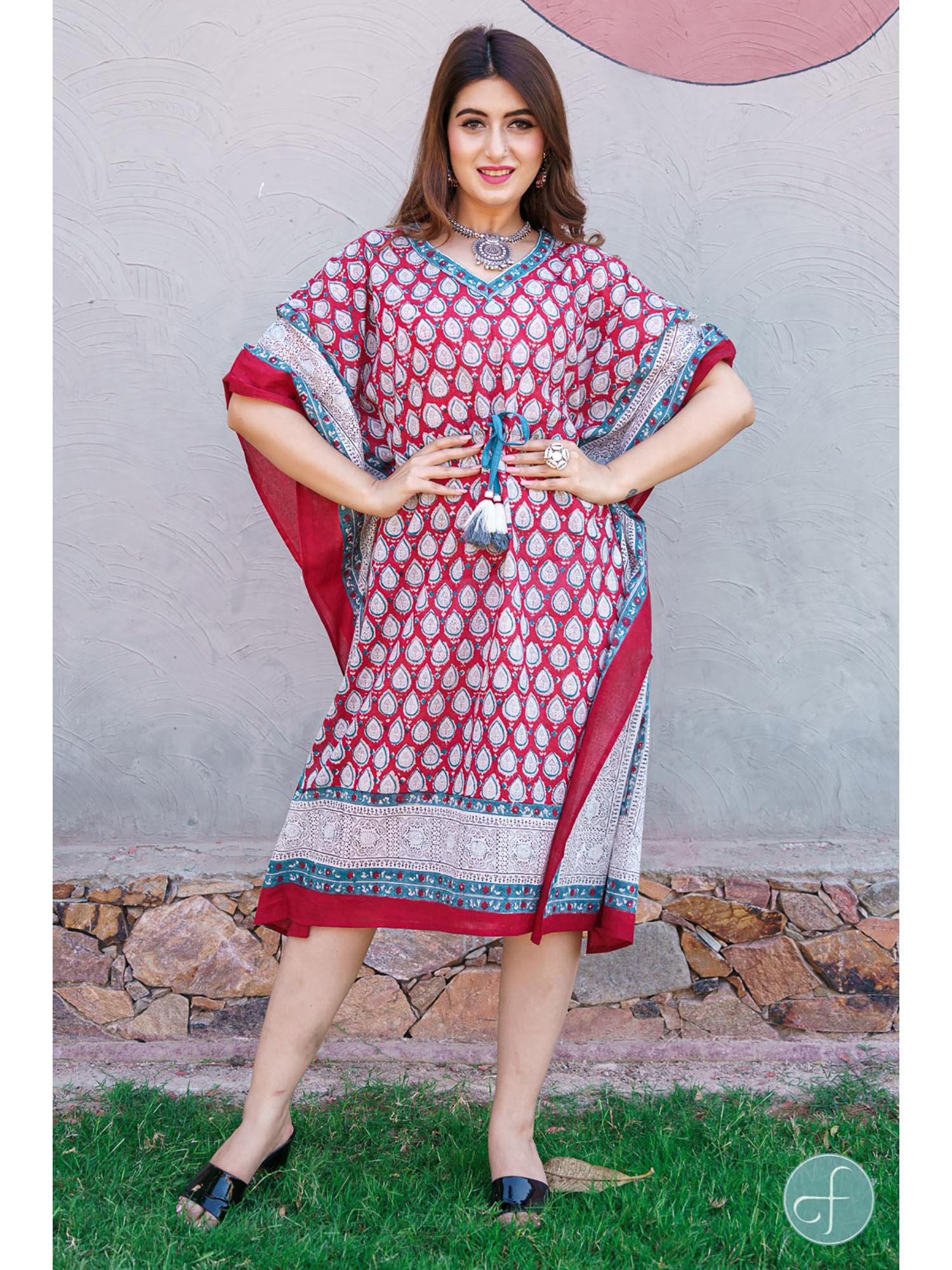 red bordered block print kaftan dress