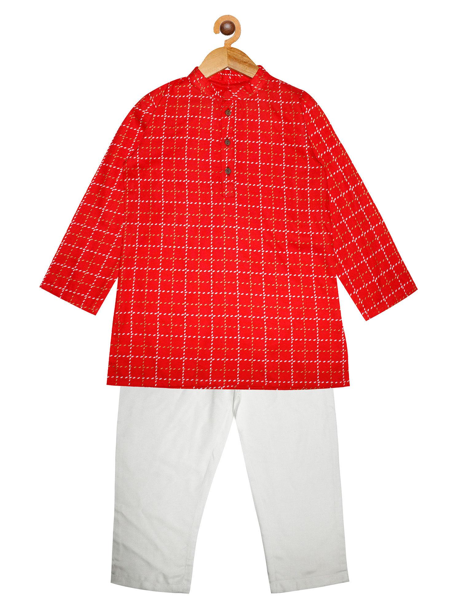 red boys basic printed kurta pyjama (set of 2)