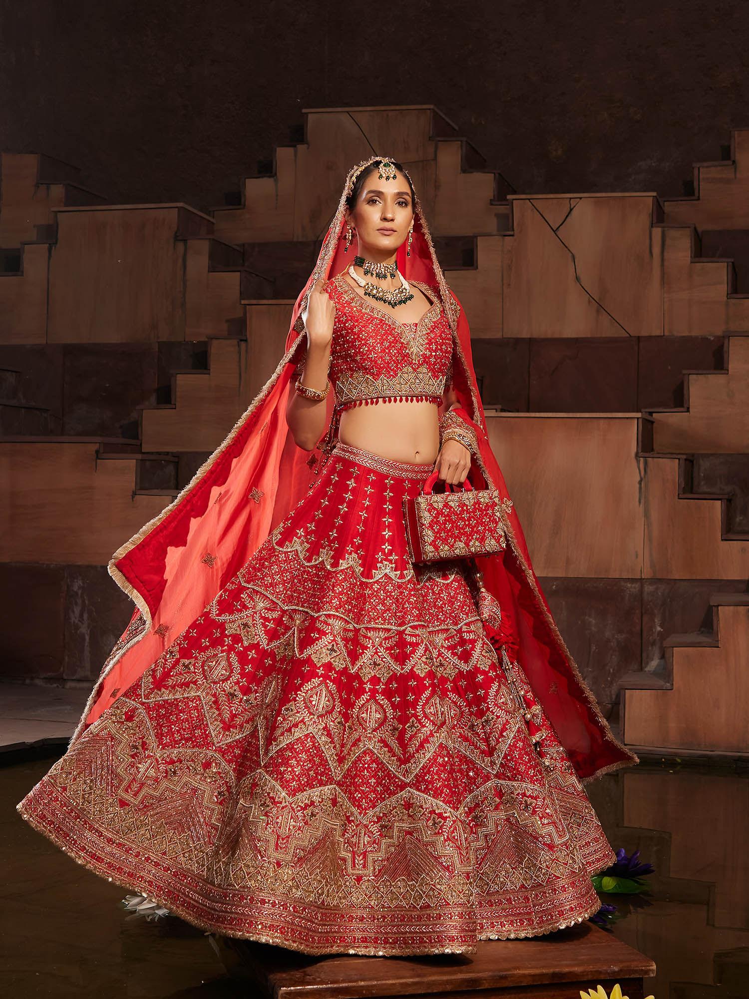 red bridal raw silk lehenga with stitched blouse & dupatta (set of 3)