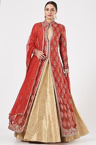 red brocade jacket lehenga set