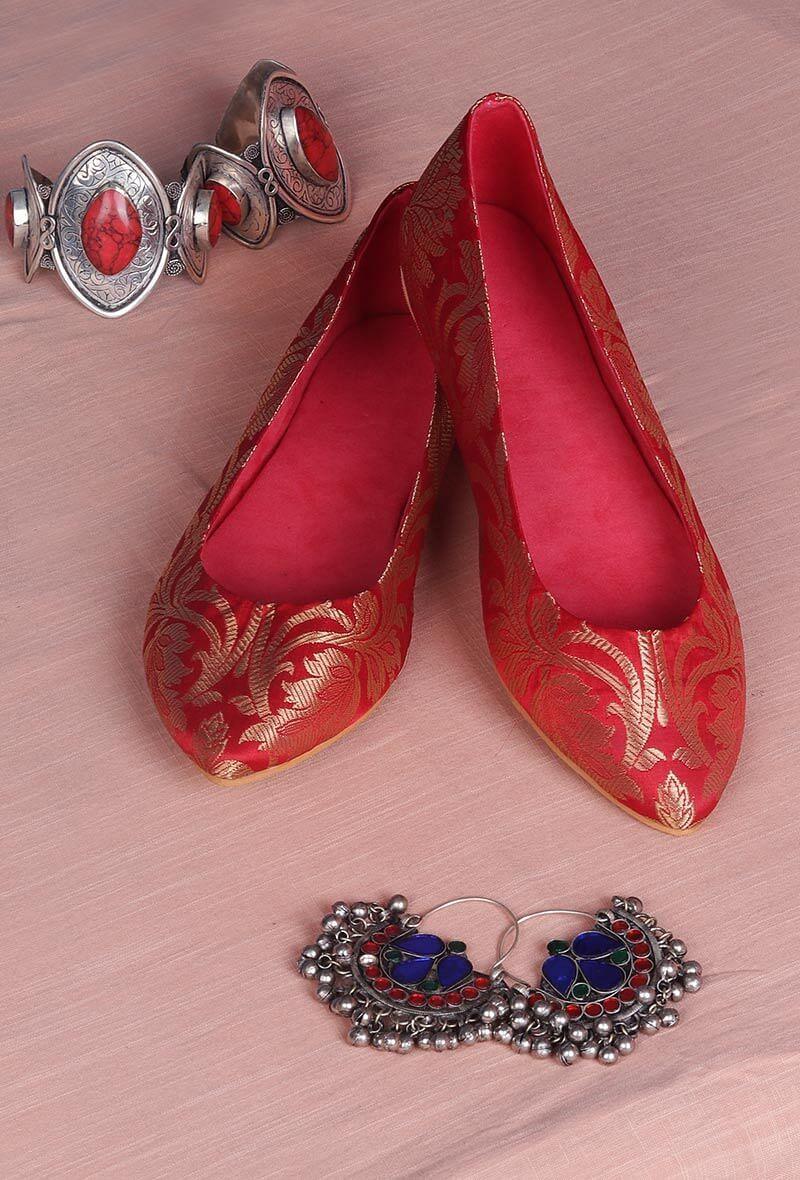 red brocade pointed toe ballerina flats