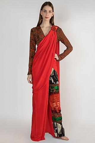 red brooch embellished saree set