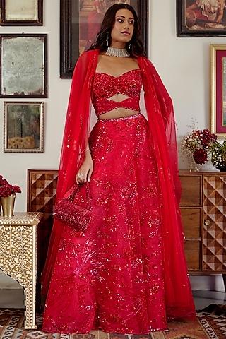 red butterfly net motif embroidered lehenga set