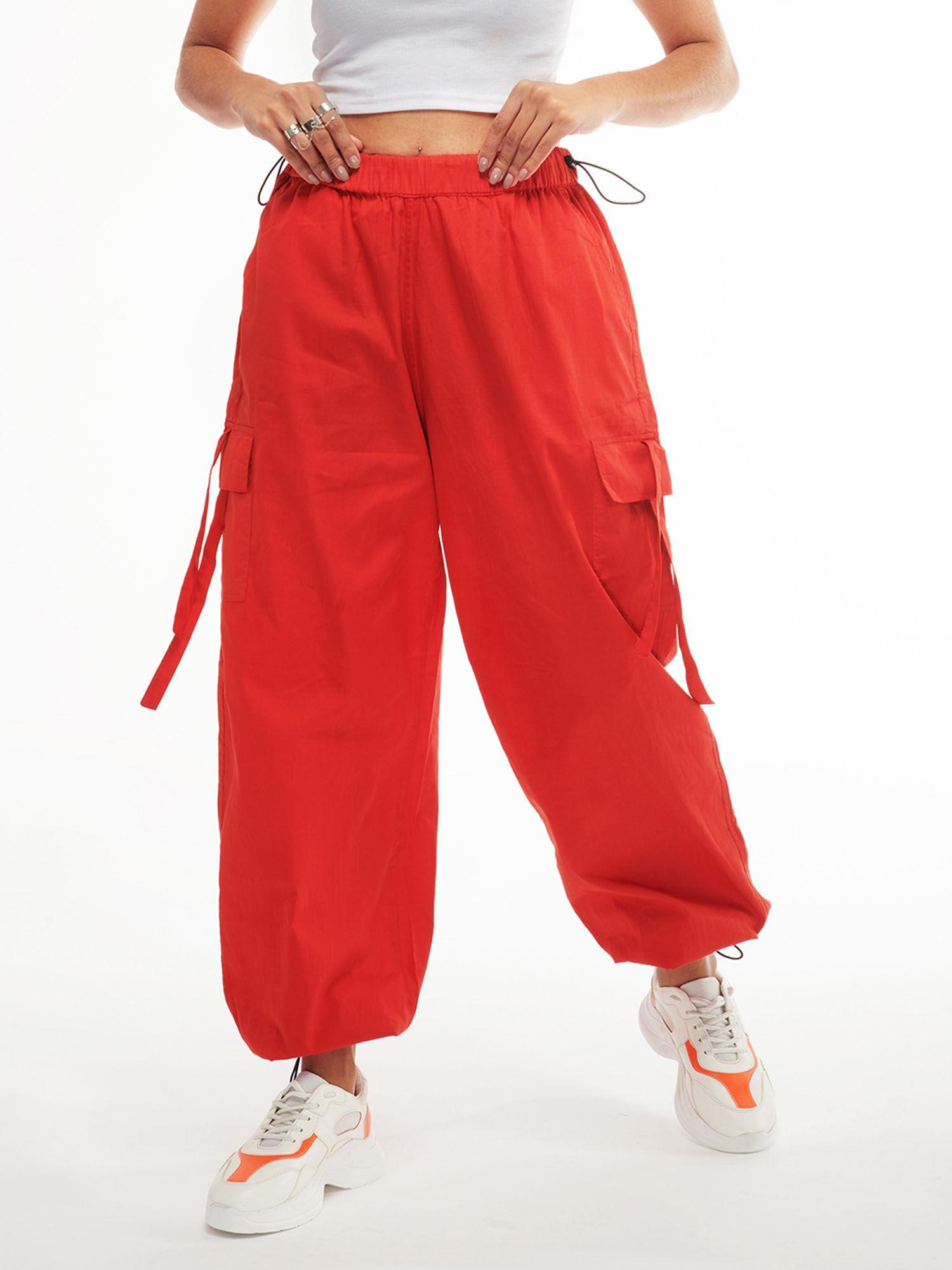 red cargo parachute pants