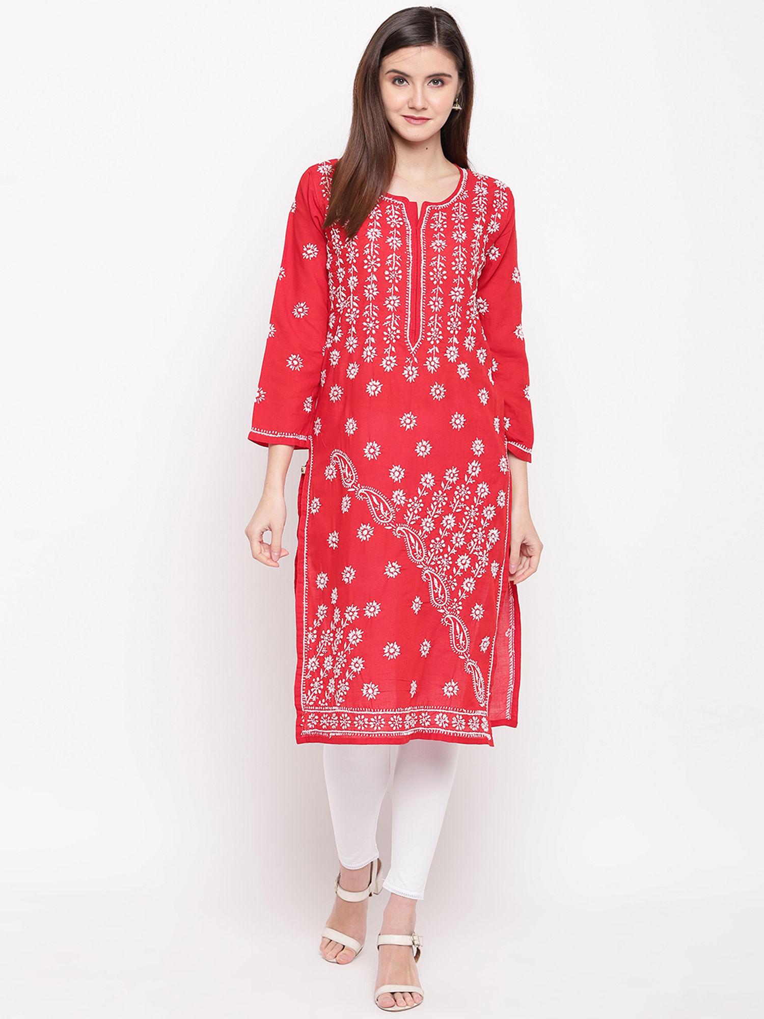 red casual embroider traditional faux cotton chikankari kurta (xs) (a100294)