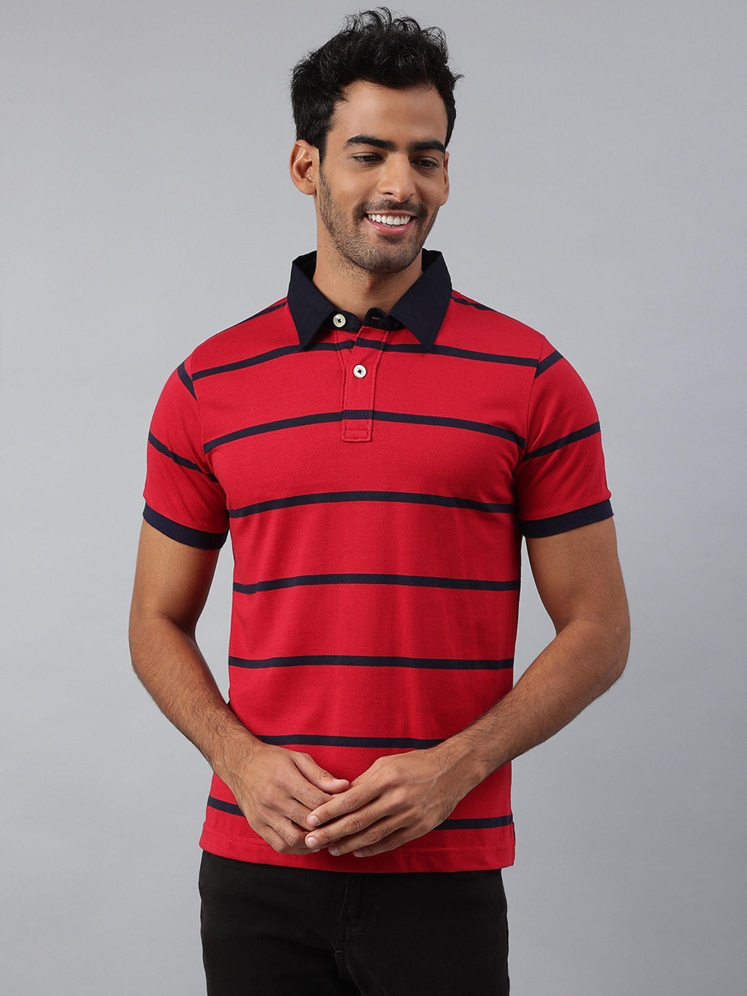 red casual polycotton stripes slim half sleeves collar neck t-shirt
