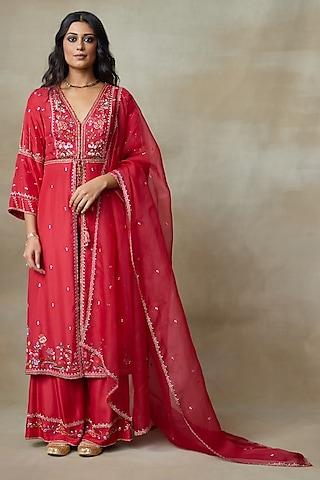 red chamundi silk resham embellished kurta set