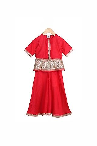 red chanderi & cotton palazzo pant set for girls