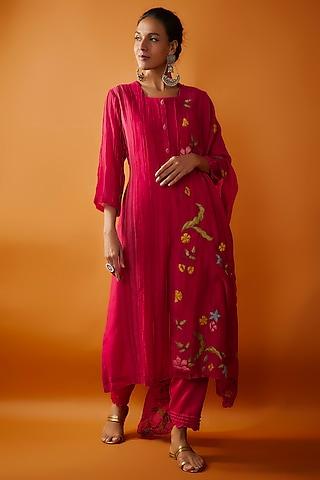 red chanderi & cotton satin pintuck kurta set