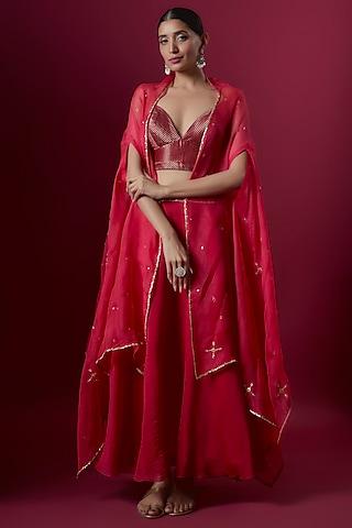 red chanderi & organza embroidered cape set