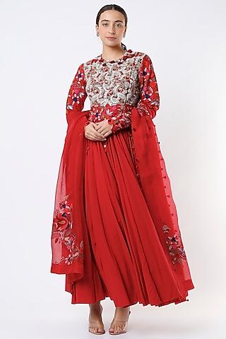 red chanderi anarkali set