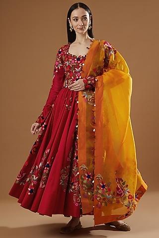 red chanderi anarkali set