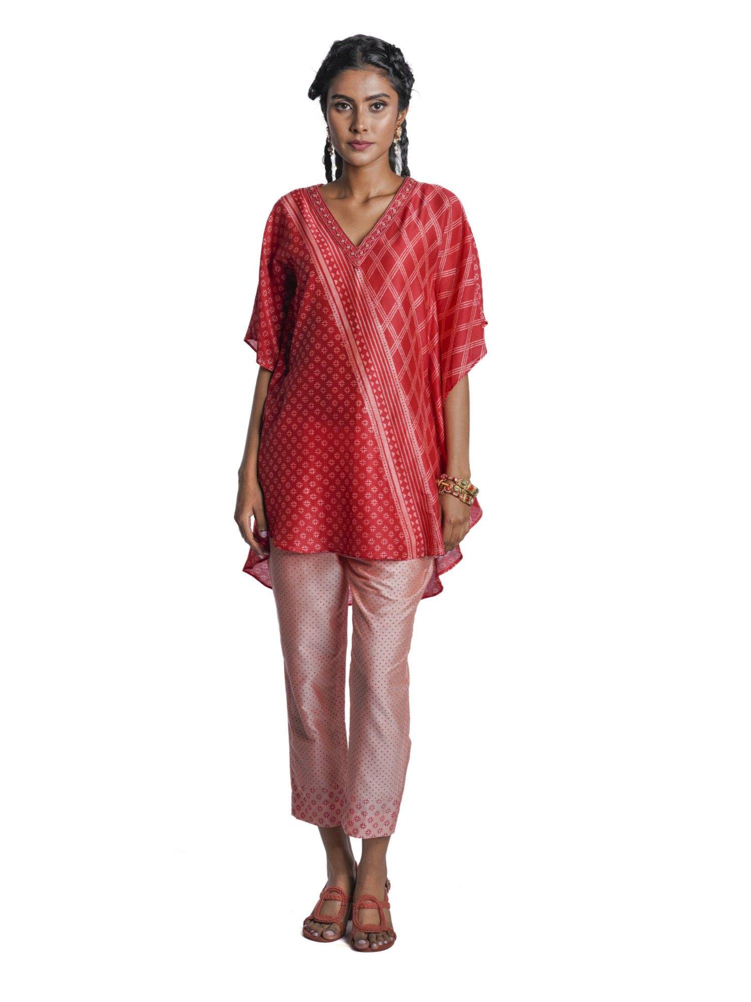 red chanderi asymmetric print kaftan (set of 2)