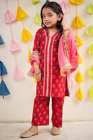 red chanderi block printed kurta set for girls