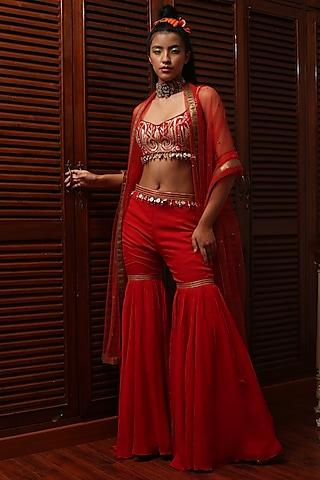 red chanderi cape set