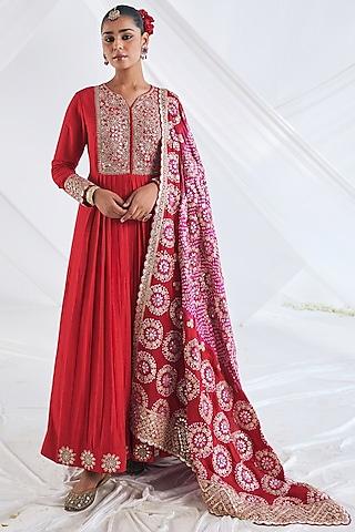 red chanderi cotton anarkali set