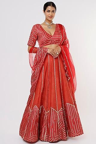 red chanderi embellished lehenga set