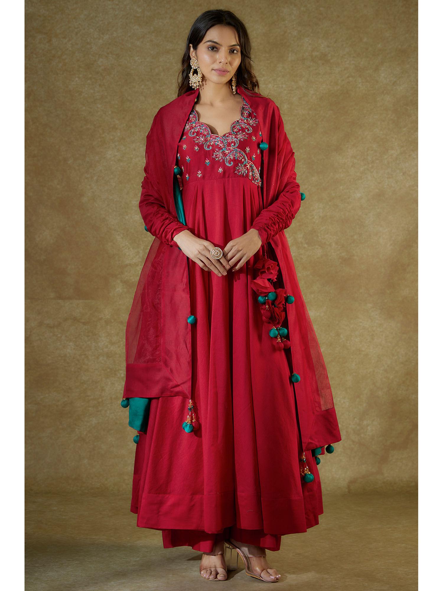 red chanderi embroidered anarkali and palazzo with dupatta