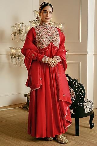 red chanderi embroidered anarkali set