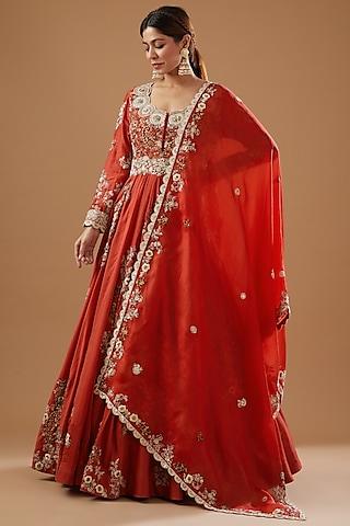 red chanderi embroidered anarkali set