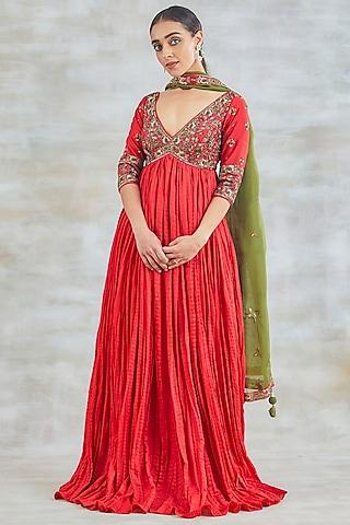 red chanderi embroidered anarkali set