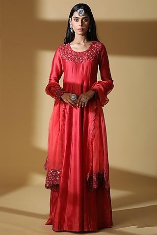 red chanderi embroidered anarkali set