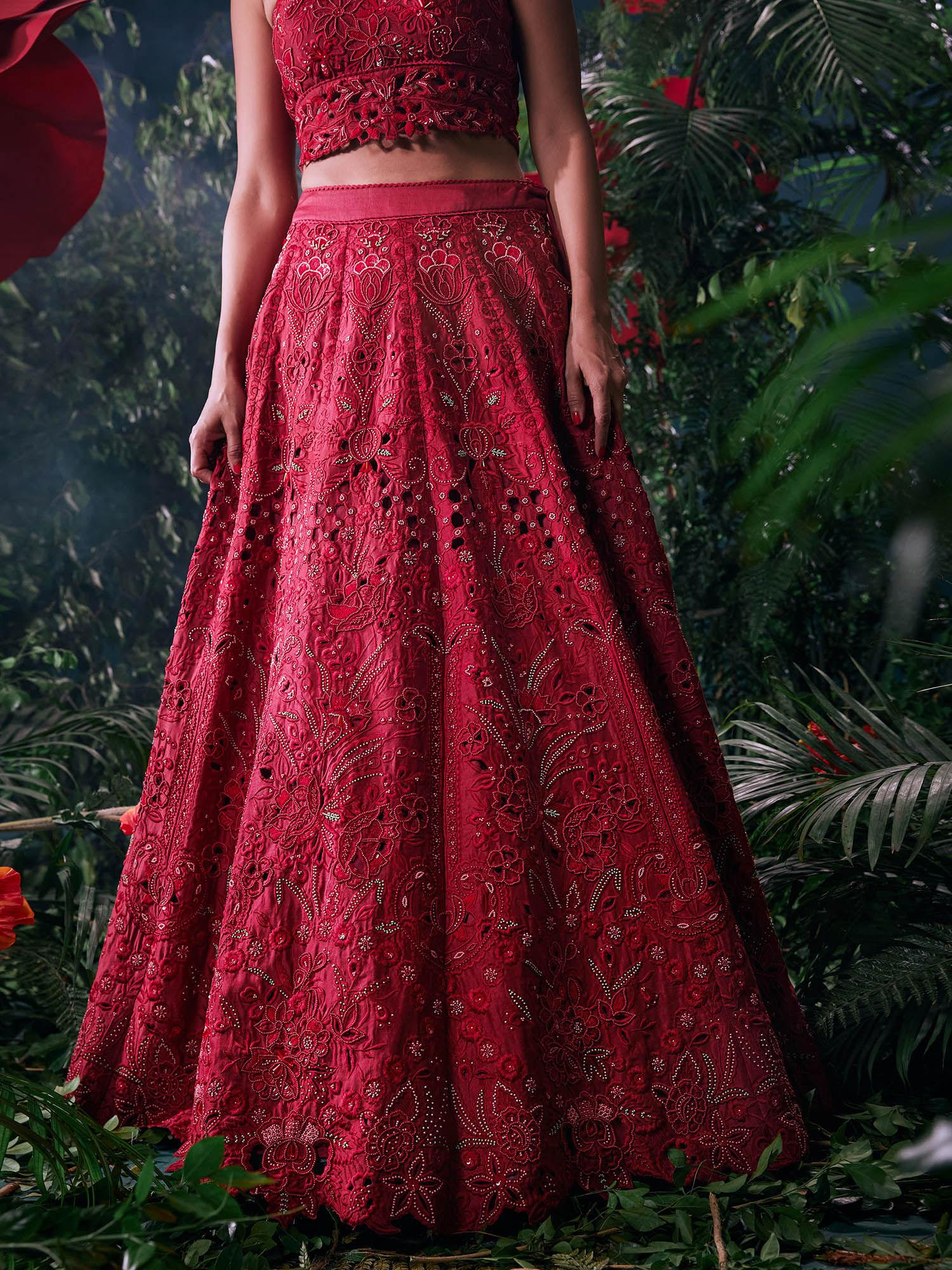 red chanderi embroidered bead work skirt