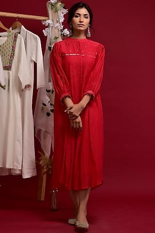 red chanderi embroidered dress