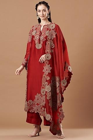 red chanderi embroidered kurta set